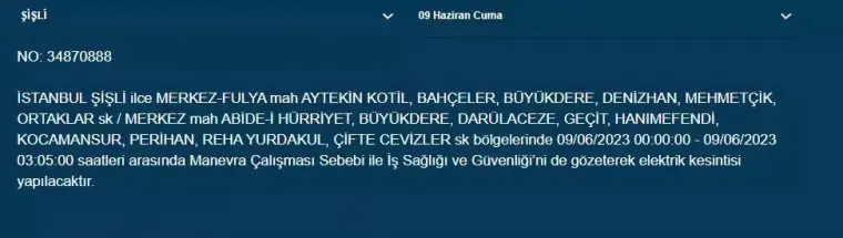 İstanbullular Dikkat! Yarın O İlçelerde Elektrik Kesintisi Var! 09 Haziran 2023 Cuma Elektrik Kesintisi 12