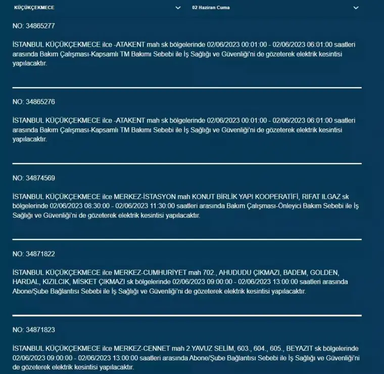 İstanbul'da O İlçelerde Elektrik Kesintisi Var! 02 Haziran 2023 Cuma 6