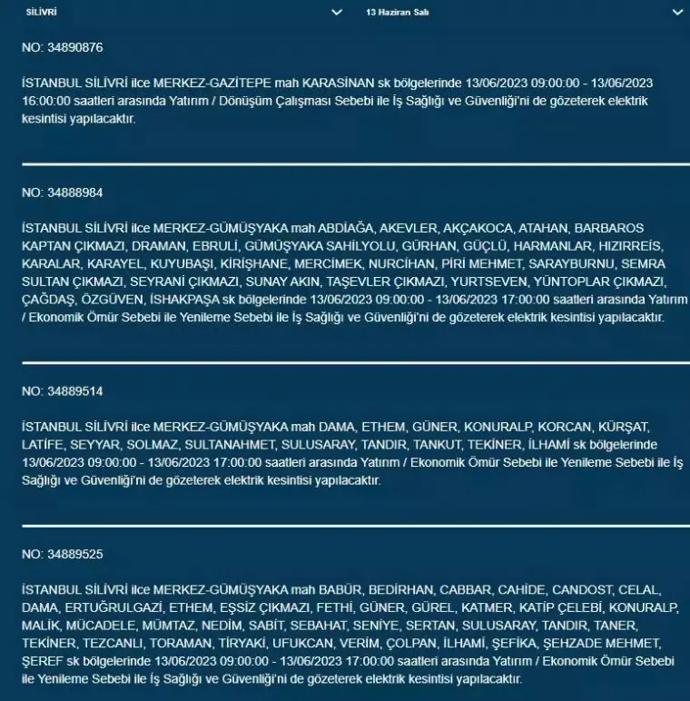 İstanbul'da Yarın O İlçelerde Saatlerce Elektrik Kesintisi Olacak! 13 Haziran 2023 Elektrik Kesintisi 23