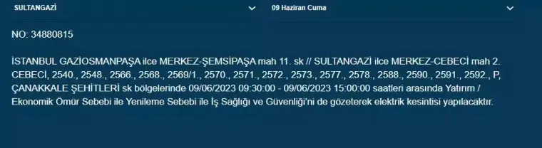 İstanbullular Dikkat! Yarın O İlçelerde Elektrik Kesintisi Var! 09 Haziran 2023 Cuma Elektrik Kesintisi 14