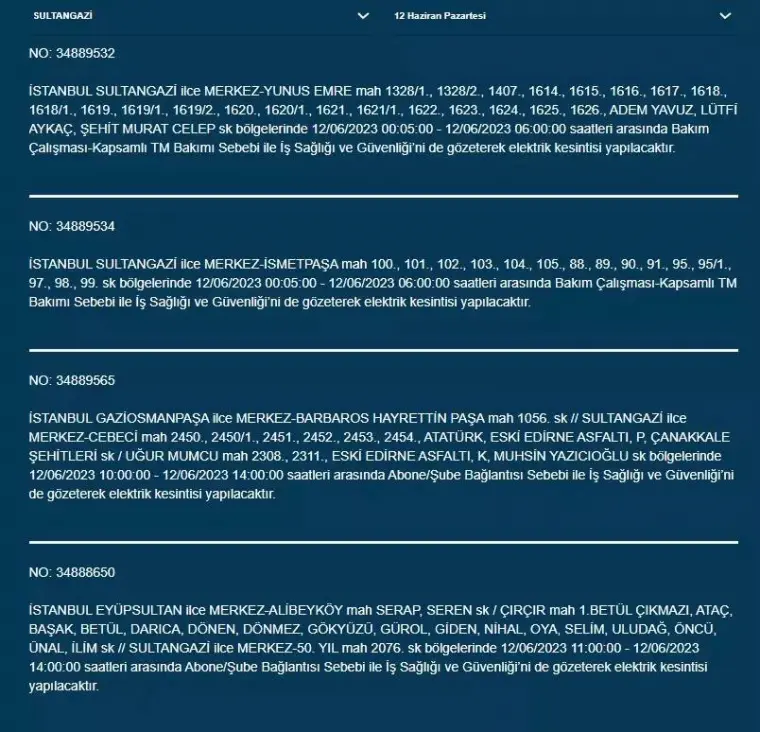 İstanbul'da Bugün O İlçelerde Elektrik Kesintisi Olacak! 12 Haziran 2023 Pazartesi Elektrik Kesintisi 20