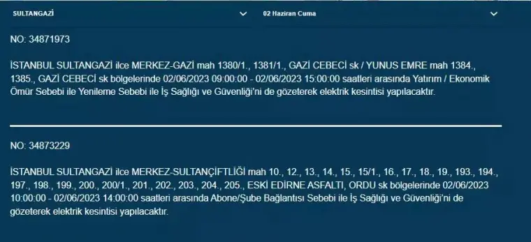 İstanbul'da O İlçelerde Elektrik Kesintisi Var! 02 Haziran 2023 Cuma 2