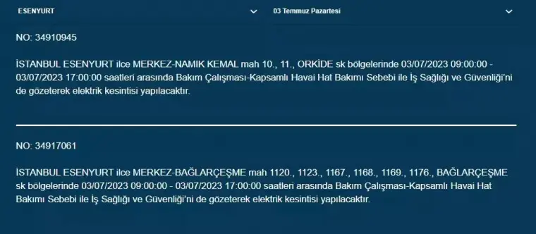 İstanbullular Dikkat! Yarın Birçok İlçede Elektrikler Kesilecek! 9