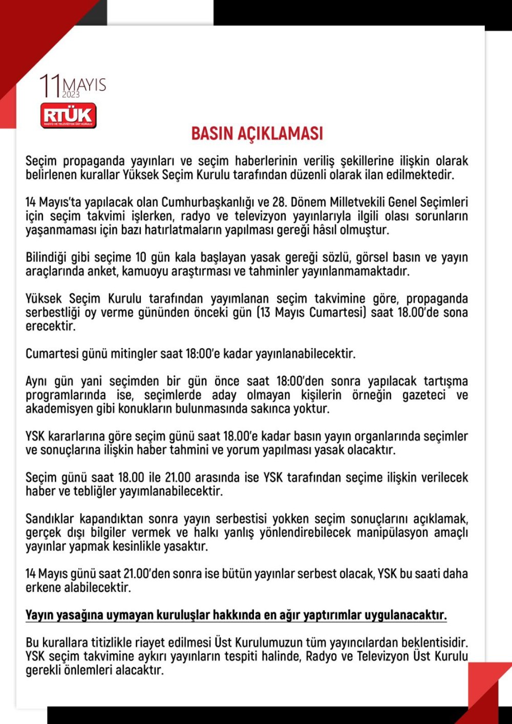 RTÜK'ten seçim yasağına uymayanlara ağır yaptırım