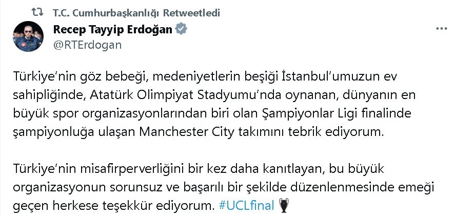 Cumhurbaşkanı Erdoğan'dan Manchester City'e tebrik mesajı