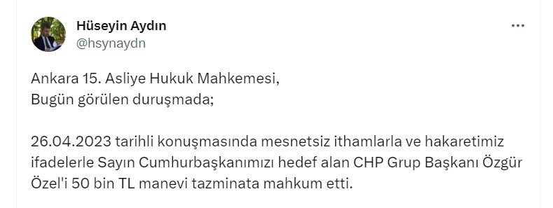 Özgür Özel, Cumhurbaşkanı Erdoğan'a tazminat ödeyecek