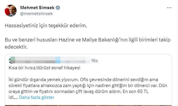 Bakan Şimşek'ten duyarlı tüketiciye teşekkür