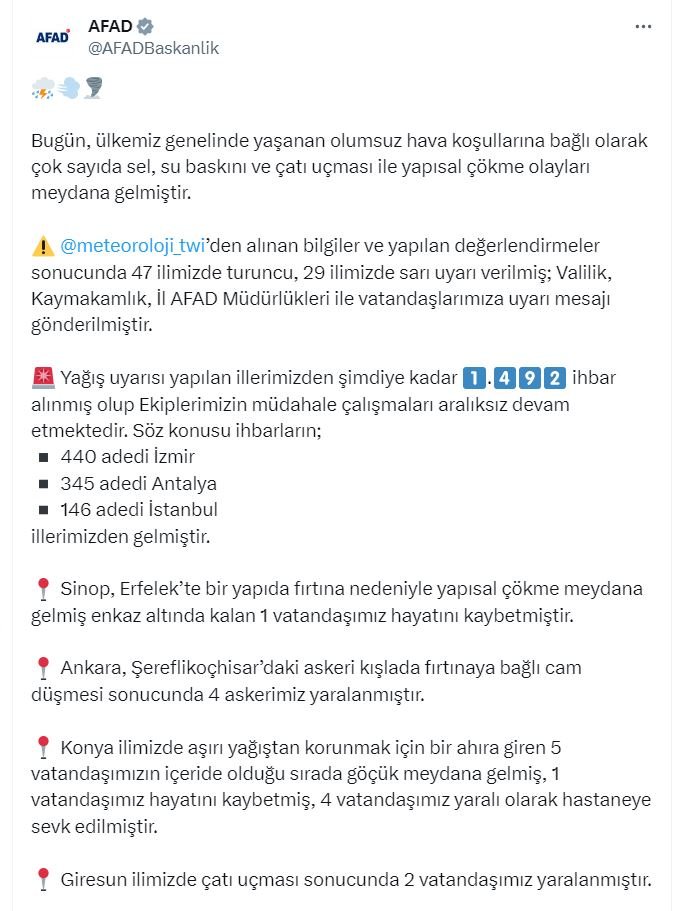 AFAD yurt genelindeki fırtına bilançosunu açıkladı