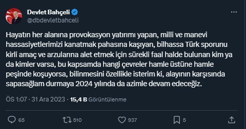 Devlet Bahçeli: Türk sporunu kirli amaçlarına alet etmek isteyenlerin karşılarında sapasağlam duracağız