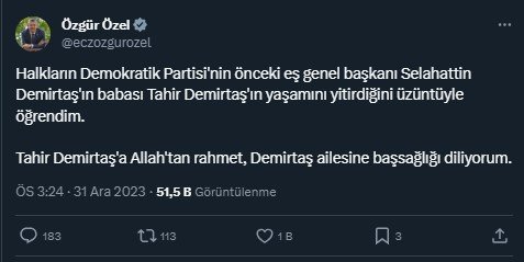 Özgür Özel Selahattin Demirtaş ve ailesine başsağlığı diledi