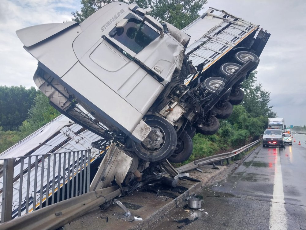 Sakarya'da canlı hayvan yüklü TIR köprüde asılı kaldı!