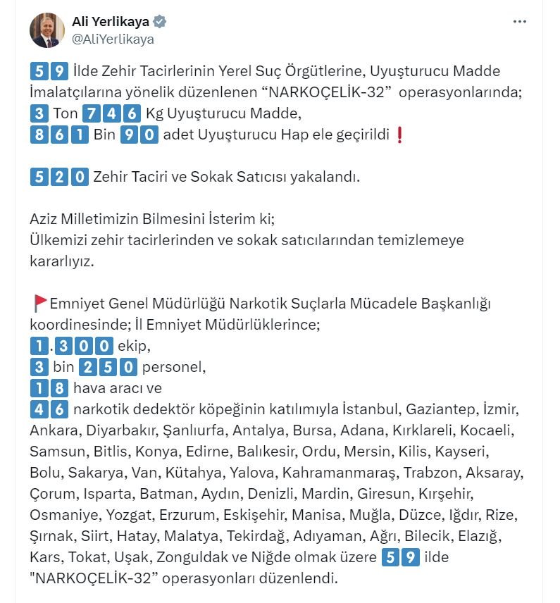 59 ilde 'Narkoçelik-32' operasyonu: Yüzlerce kişi gözaltında