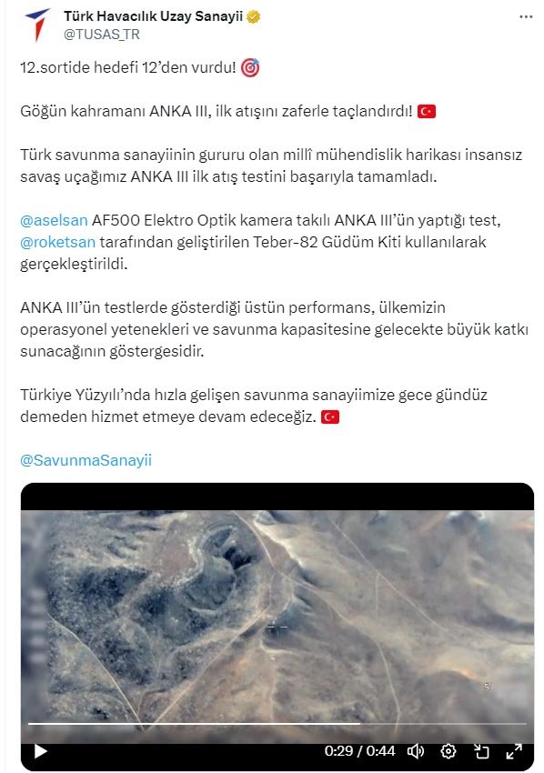 TUSAŞ tarafından geliştirilen ANKA 3, ilk atışta hedefini vurdu