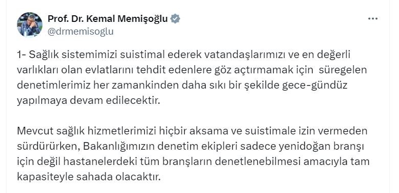 Sağlık Bakanı Kemal Memişoğlu: Denetimlerimiz tüm branşlarda yapılacak