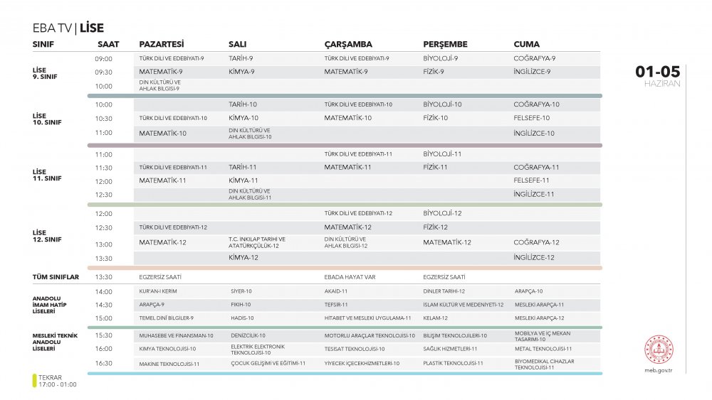 EBA TV 2 Haziran Salı lise ders programı