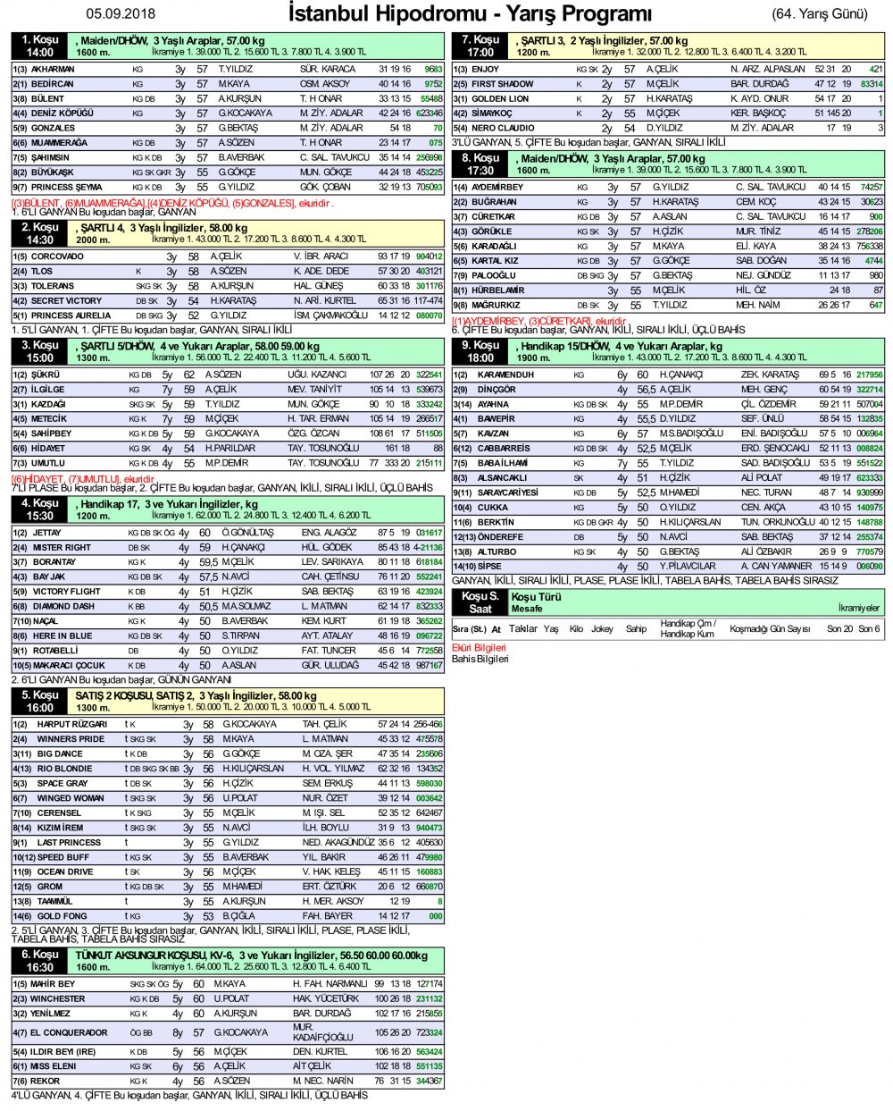 5 eylül 2018 istanbul at yarışı programı