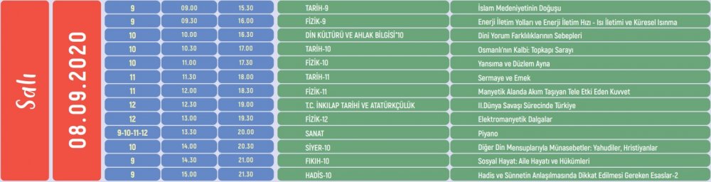 EBA TV 8 Eylül Salı lise ders programı