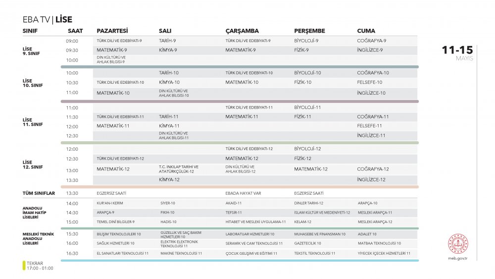 EBA TV 12 Mayıs Salı lise ders programı