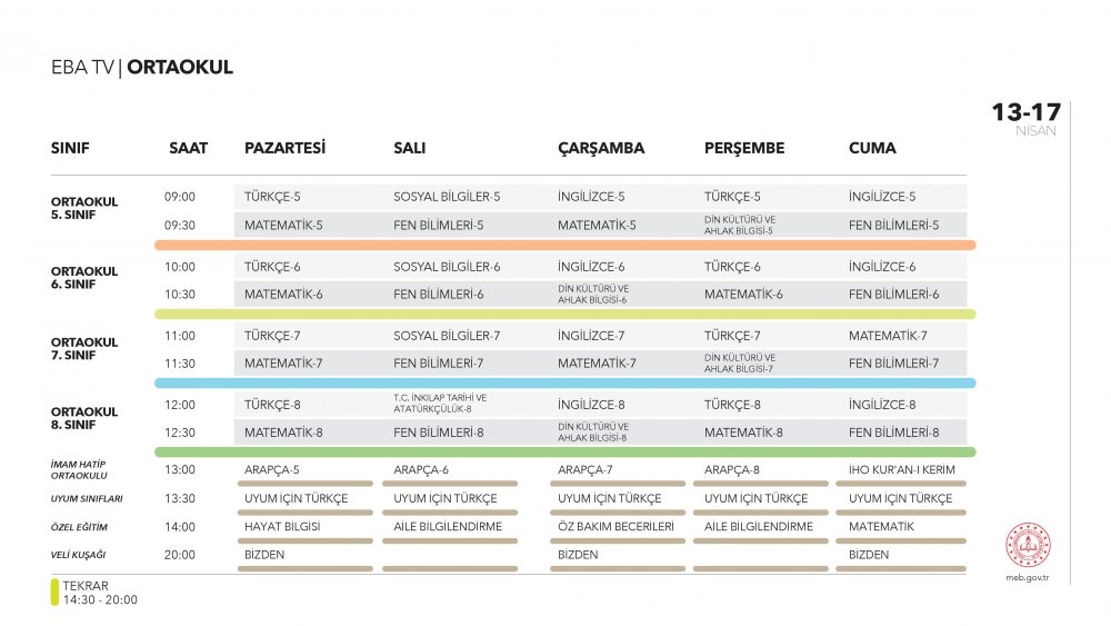 EBA TV 16 Nisan Perşembe ortaokul ders programı