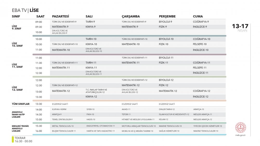 EBA TV 16 Nisan Perşembe lise ders programı
