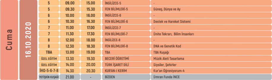 EBA TV 16 Ekim Cuma lise ders programı