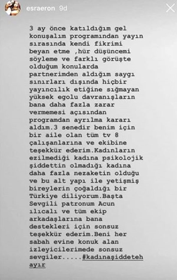 esra eron instagram hikayesi açıklama