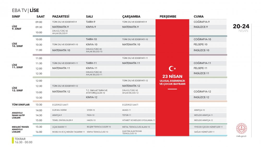 EBA TV 22 Nisan Çarşamba lise ders programı