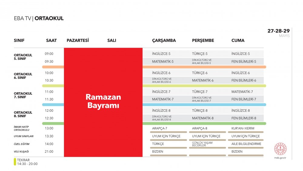 EBA TV 27 Mayıs Çarşamba ortaokul ders programı