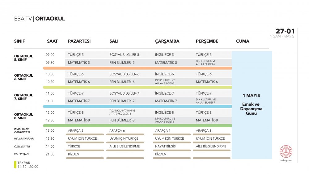 EBA TV 29 Nisan Çarşamba ortaokul ders programı