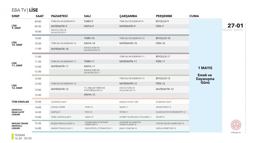 EBA TV 29 Nisan Çarşamba lise ders programı