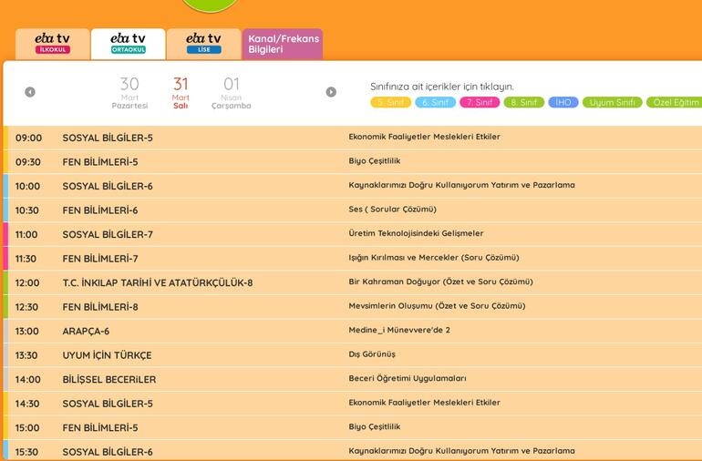 EBA TV 31 Mart Salı ortaokul ders programı