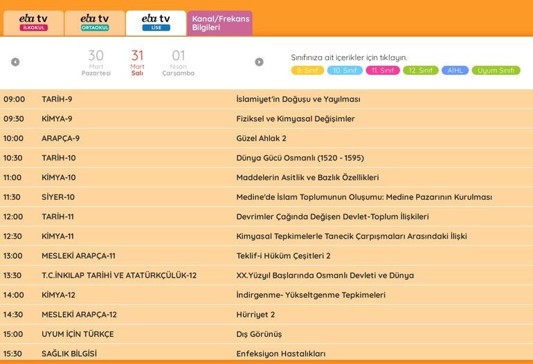 EBA TV 31 Mart Salı lise ders programı