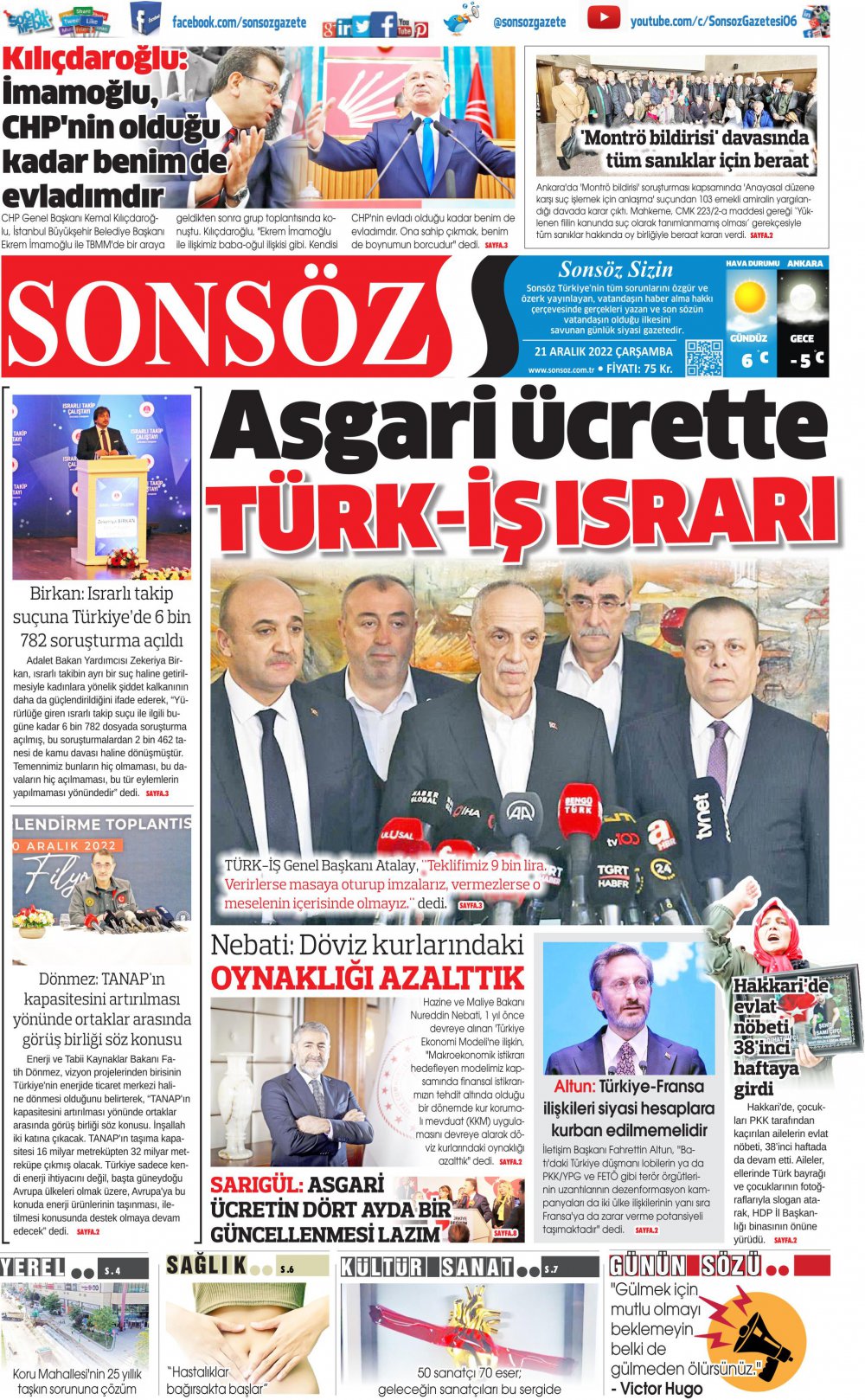 21 Aralık Çarşamba Sonsöz Gazetesi