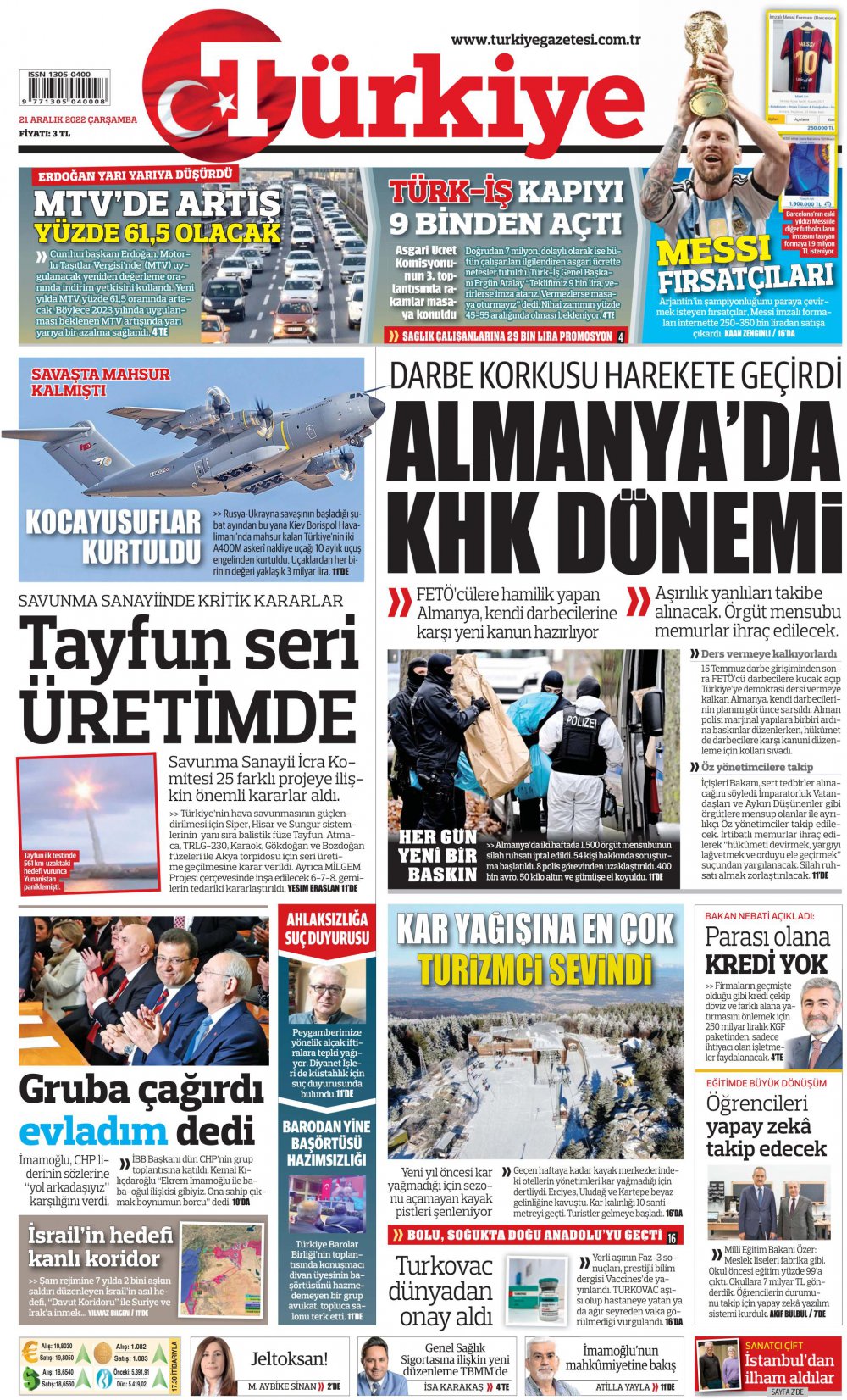 21 Aralık Çarşamba Türkiye Gazetesi