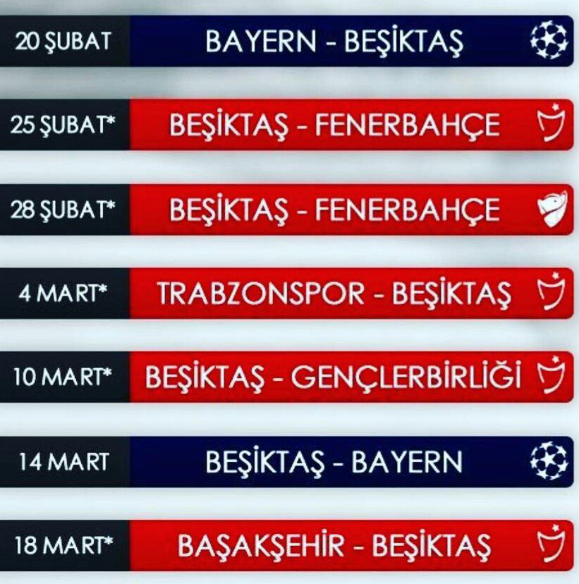 beşiktaş şubat fikstürü