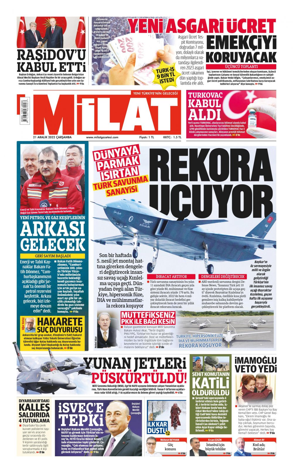 21 Aralık Çarşamba Milat Gazetesi