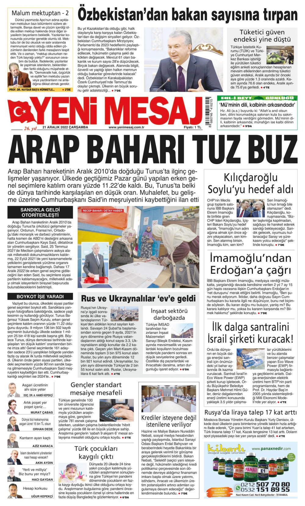 21 Aralık Çarşamba Yeni Mesaj Gazetesi