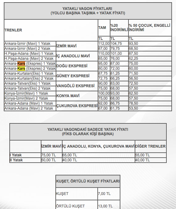 doğu ekspresi bilet fiyatları