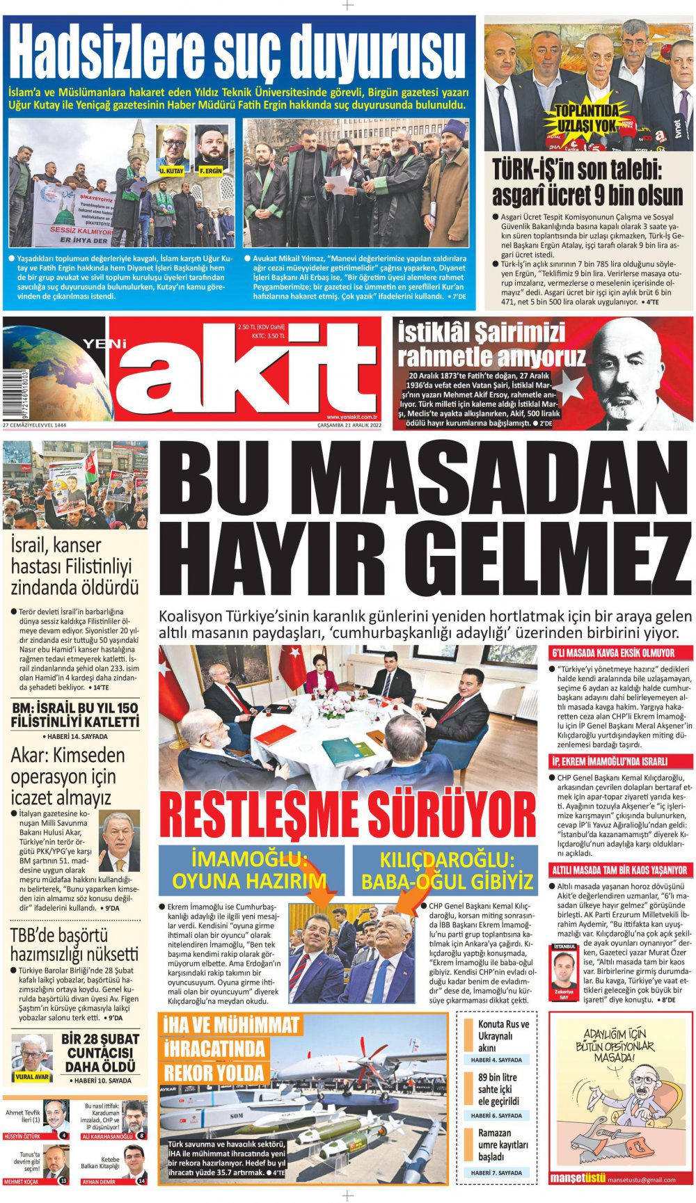 21 Aralık Çarşamba Yeni Akit Gazetesi