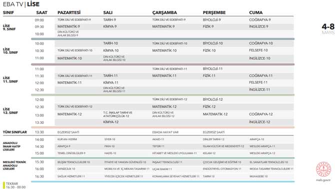 EBA TV 5 Mayıs Salı lise ders programı