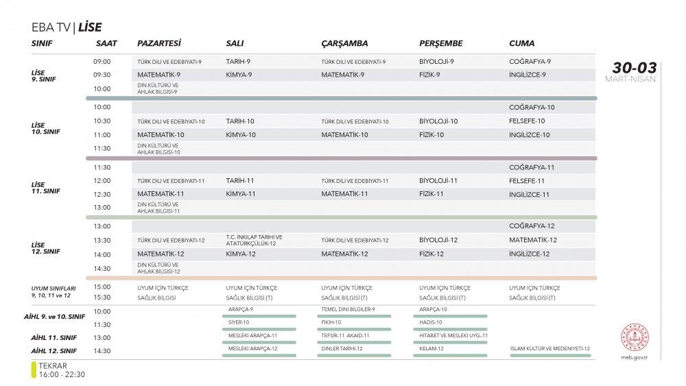 EBA TV 1 Nisan Çarşamba lise ders programı