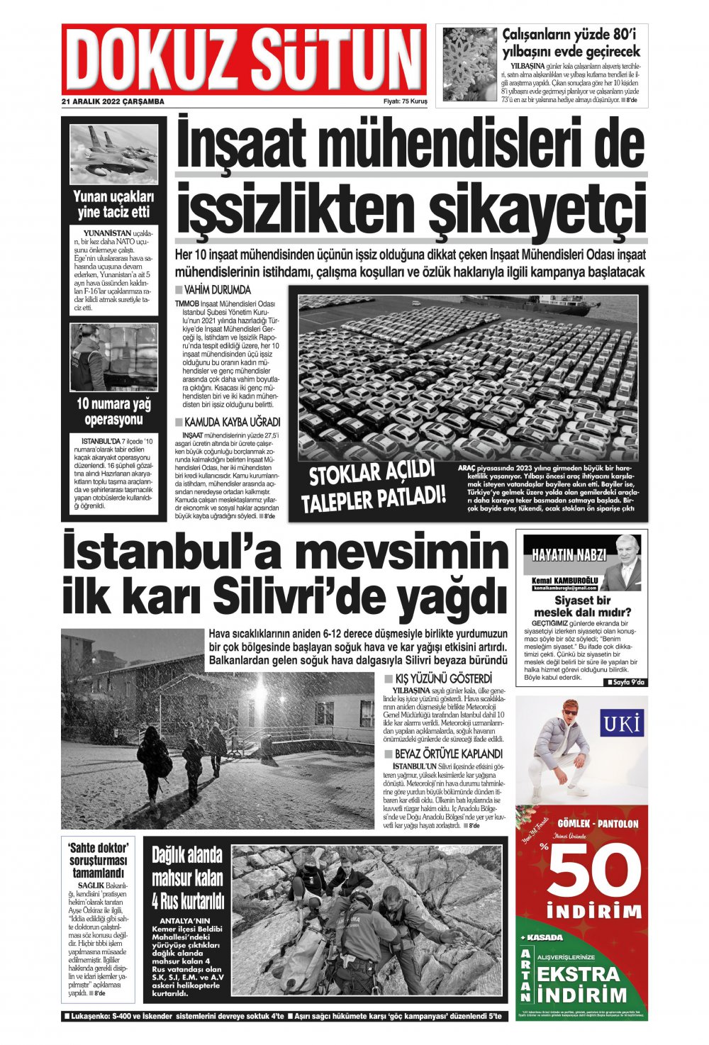 21 Aralık Çarşamba Dokuz Sütun Gazetesi