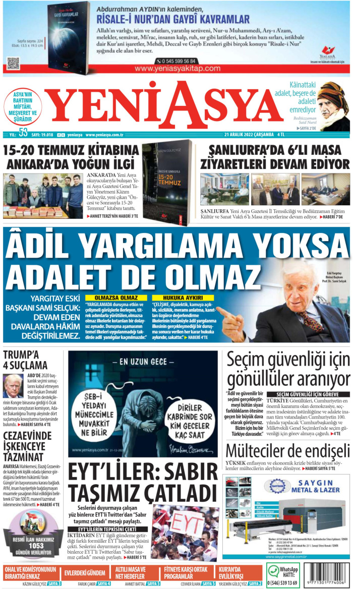 21 Aralık Çarşamba Yeni Asya Gazetesi