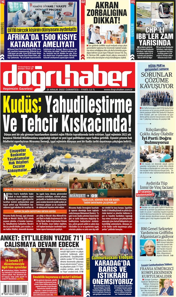 DoğruHaber Gazetesi 31 Aralık 2022, Cumartesi Günü Manşeti