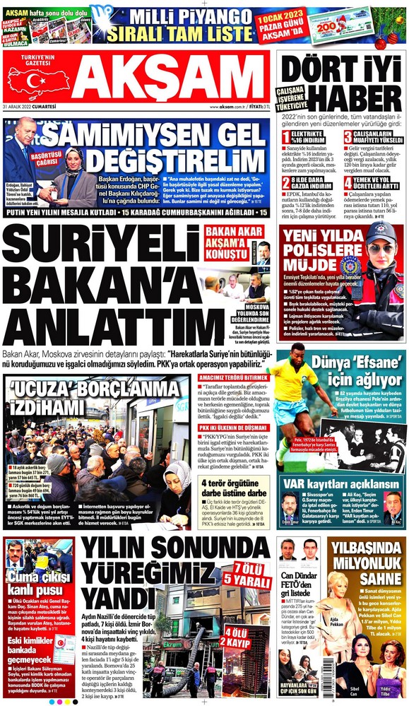 Akşam Gazetesi 31 Aralık 2022, Cumartesi Günü Manşeti