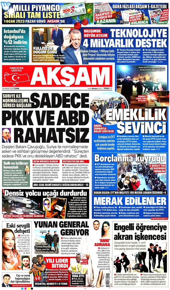 Akşam Gazetesi 30 Aralık 2022, Cuma Günü Manşeti