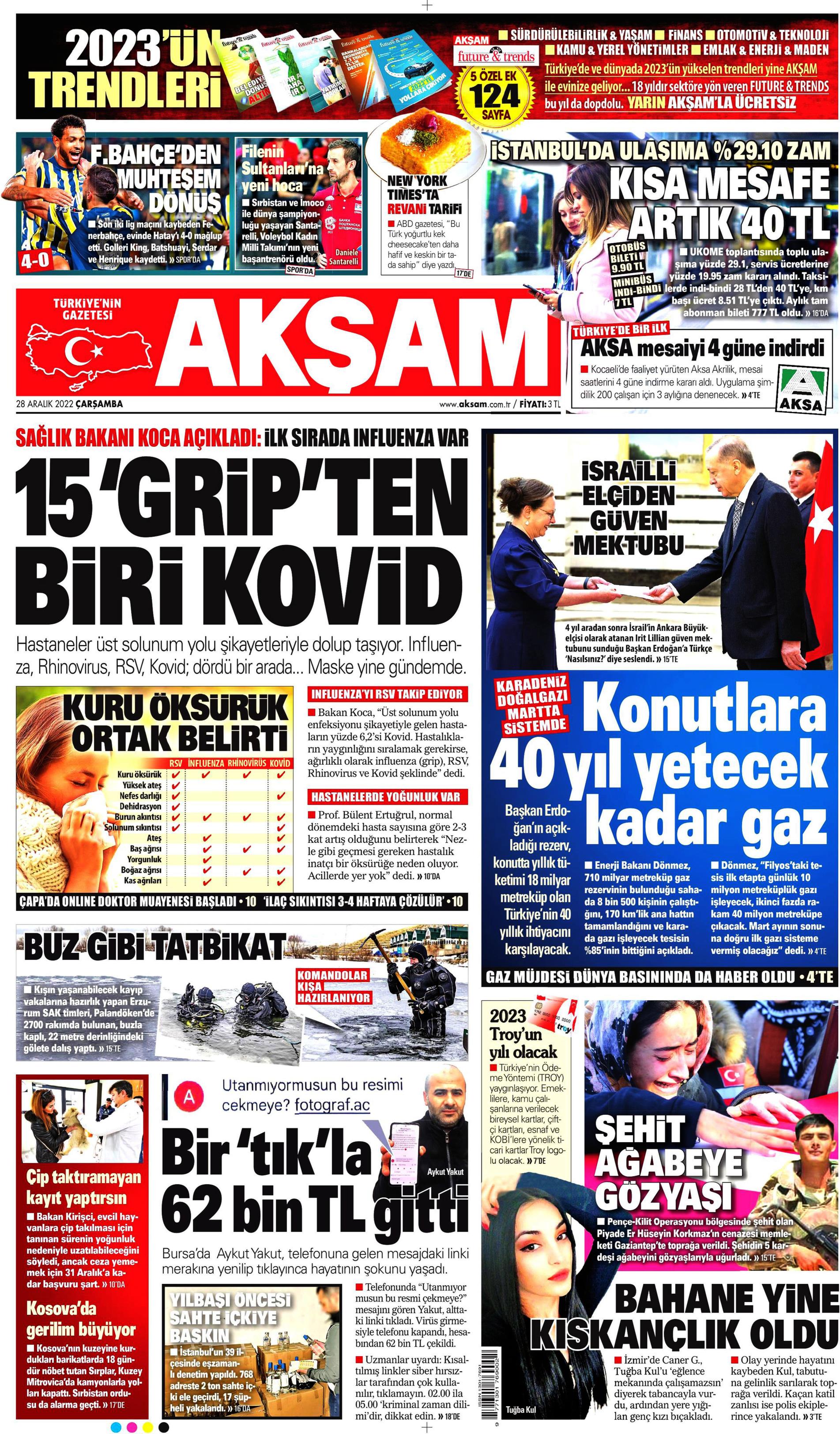 Akşam Gazetesi 28 Aralık 2022, Çarşamba Günü Manşeti