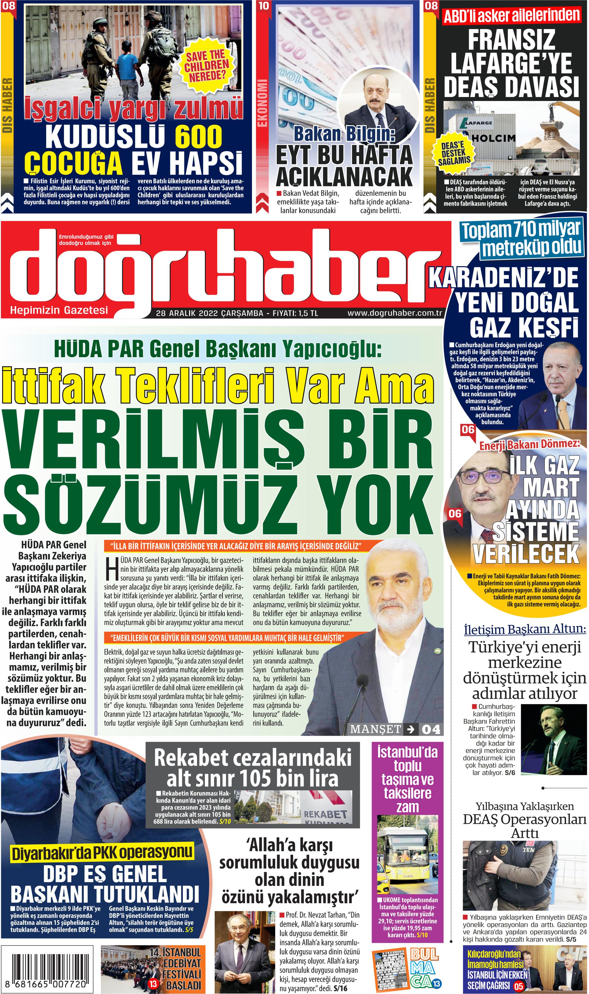 Doğru Haber Gazetesi 28 Aralık 2022, Çarşamba Günü Manşeti