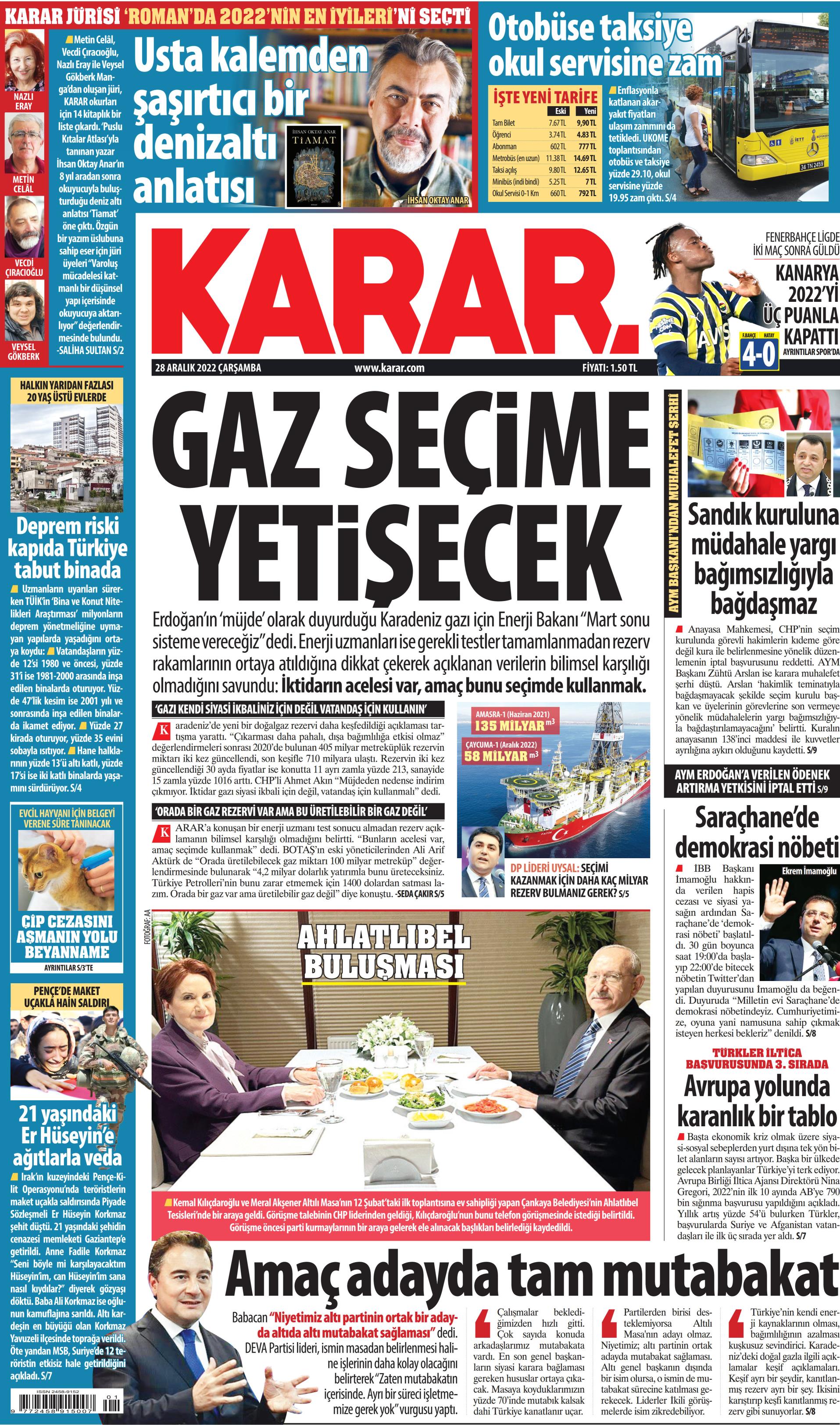 Karar Gazetesi 28 Aralık 2022, Çarşamba Günü Manşeti