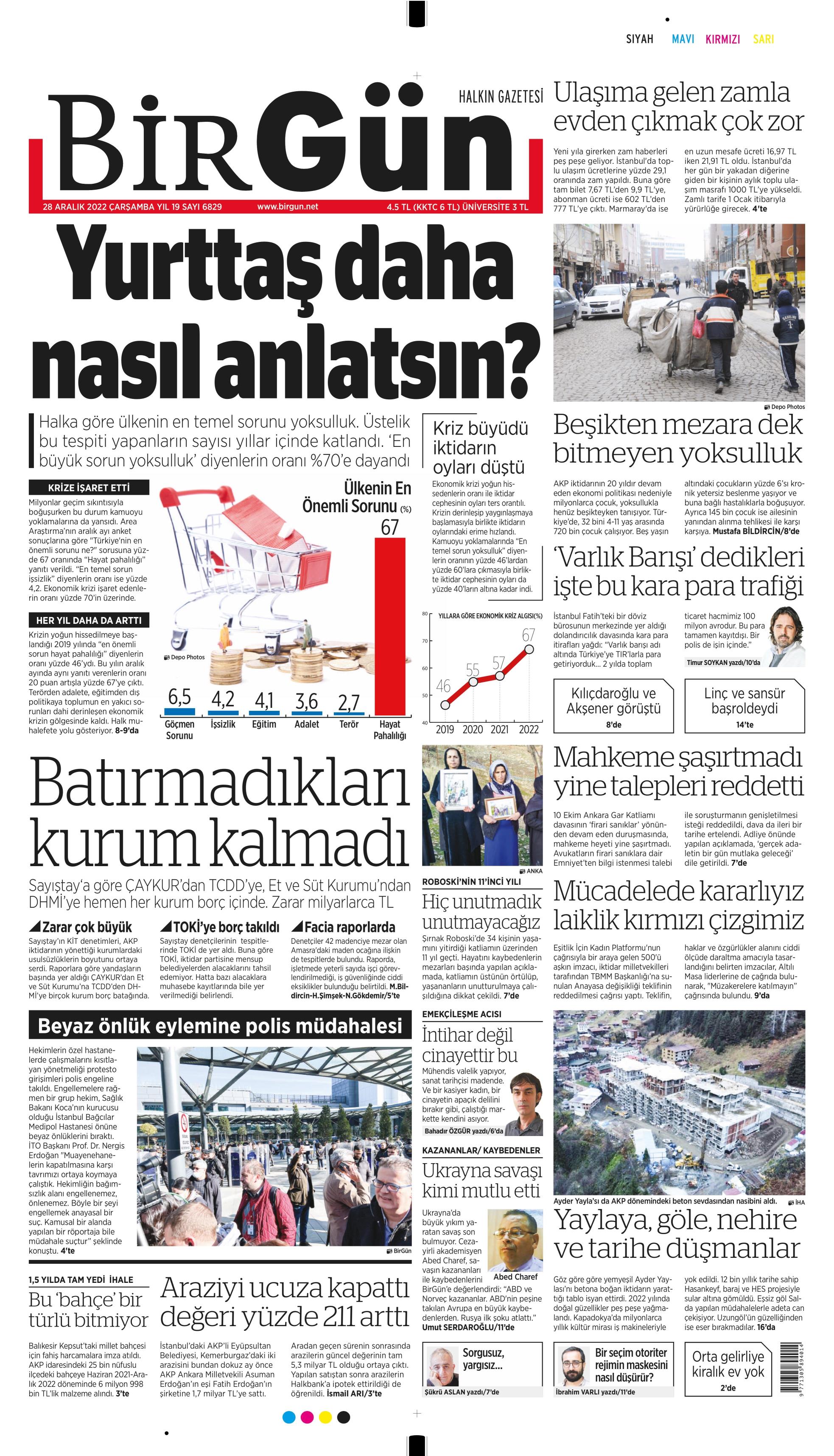 Birgün Gazetesi 28 Aralık 2022, Çarşamba Günü Manşeti